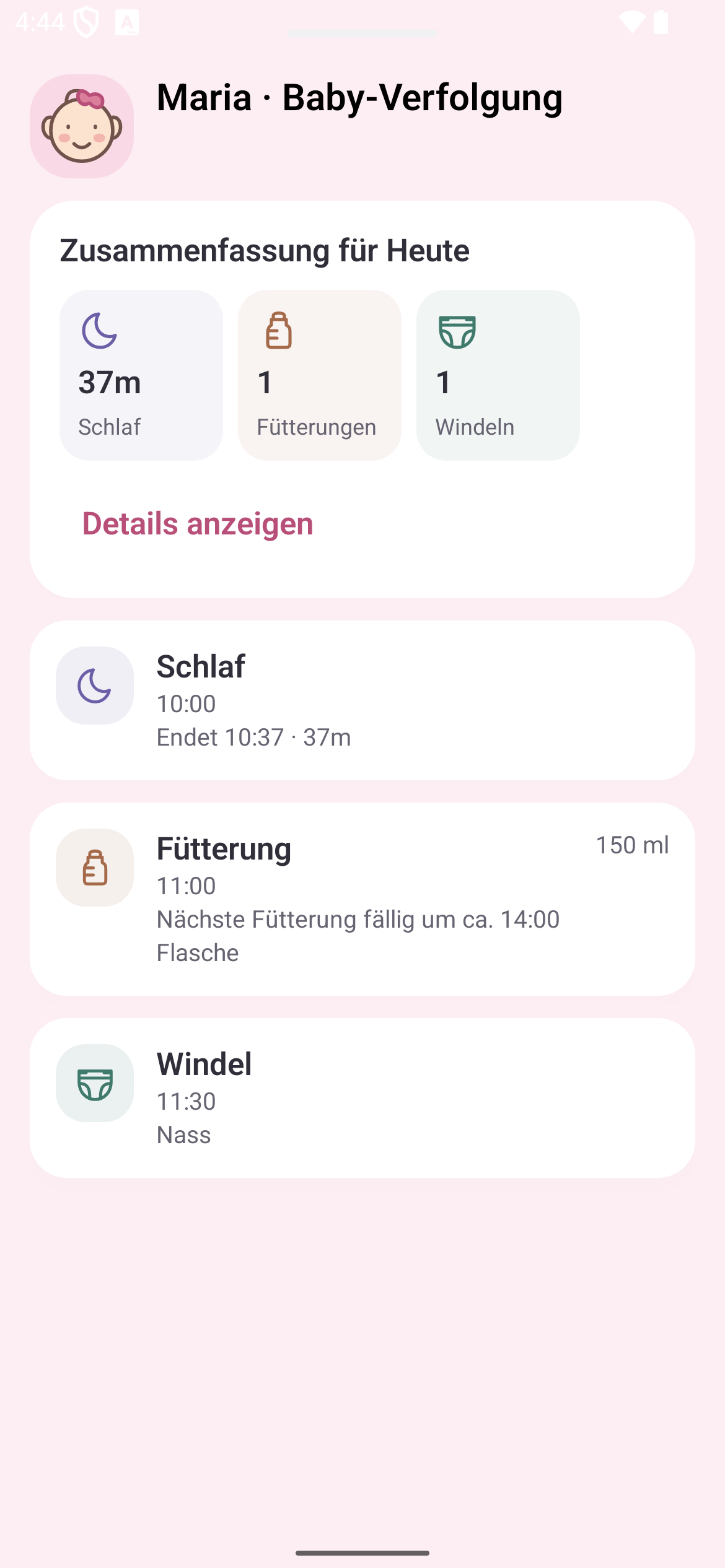 Babytracker: Übersicht über Schlaf, Mahlzeiten und Windeln mit Tagesverlauf