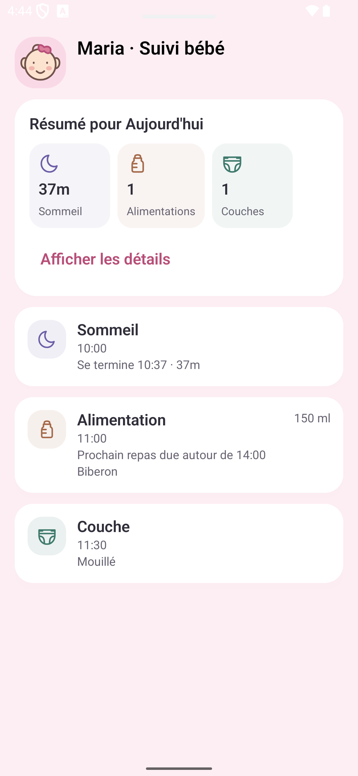 Suivi de bébé : résumé du sommeil, des repas et des couches avec chronologie quotidienne