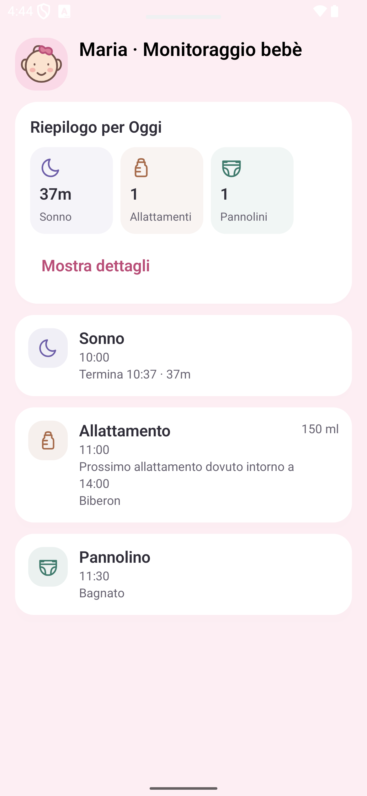 Diario del bebè: riepilogo di sonno, poppate e pannolini con cronologia giornaliera