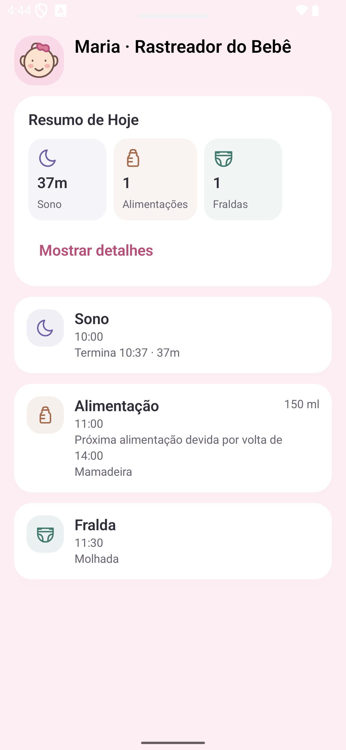 Diário do bebé: resumo de sono, refeições e fraldas com cronologia diária